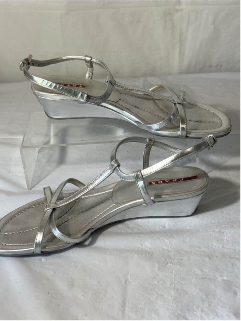 PRADA, Wedge Sandals, Silver Leather, size 6 1/2